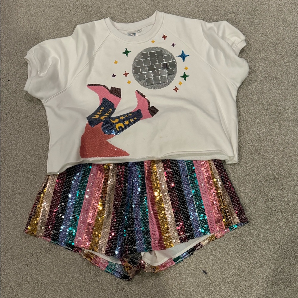 Queen of Sparkles Disco Cowboy Top and Rainbow Sequin Shorts Ser